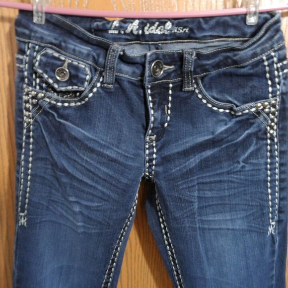 LA IDOL Jeans Sz 1 28x31 Flap pocket Bling Dark wash denim Designer Jr. pants - Picture 3 of 10
